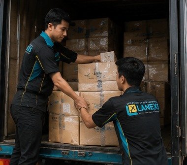 Proses bongkar muat barang dilakukan dengan prosedur yang aman untuk menjaga kualitas paket selama pengiriman.